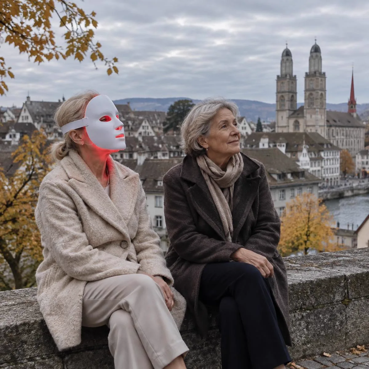 Frau über 50 mit LED-Maske in ruhiger Abendroutine