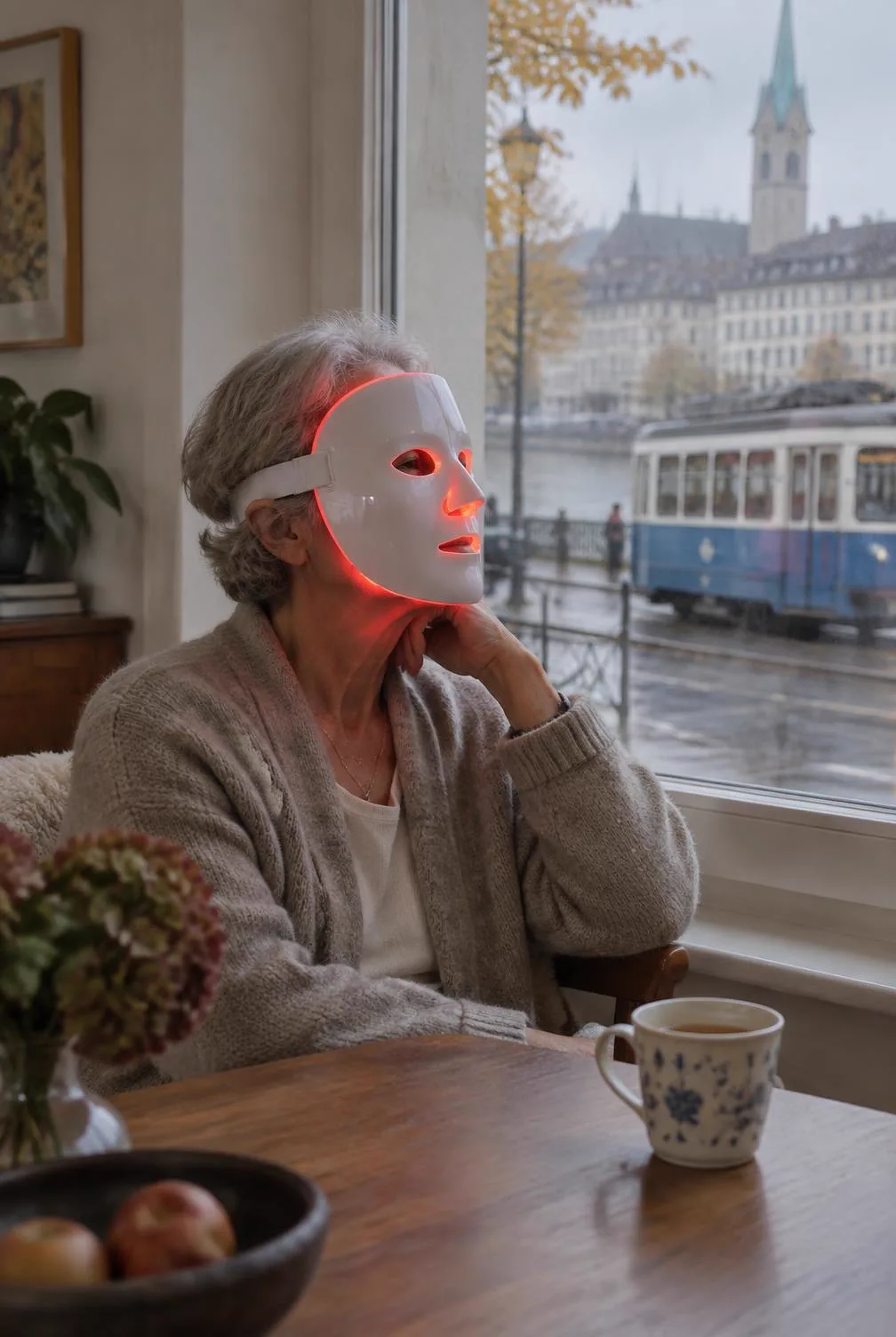 Zwei Frauen im Gespräch, eine trägt eine LED-Maske