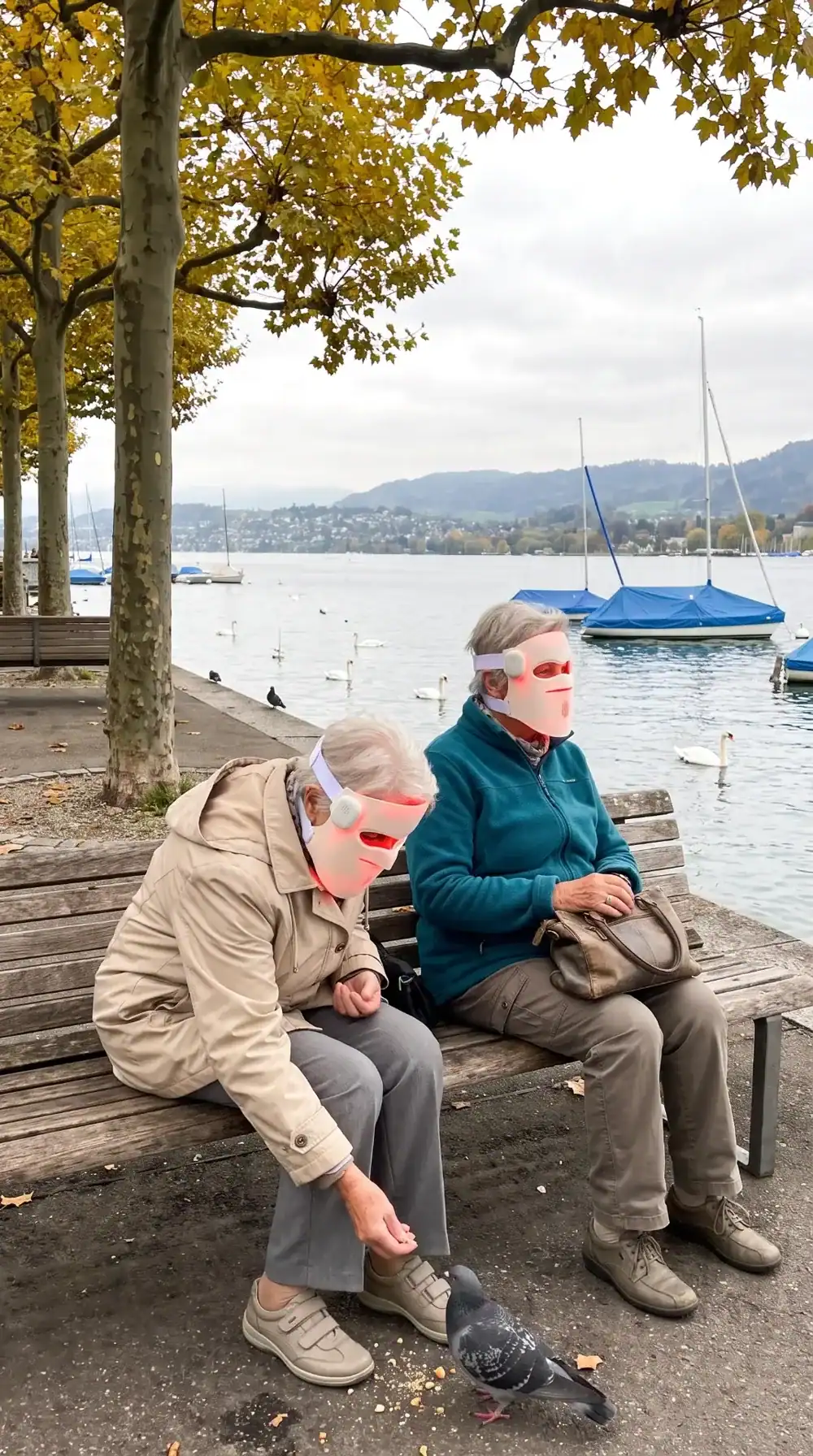 Deux femmes avec des masques LED au bord du lac en automne