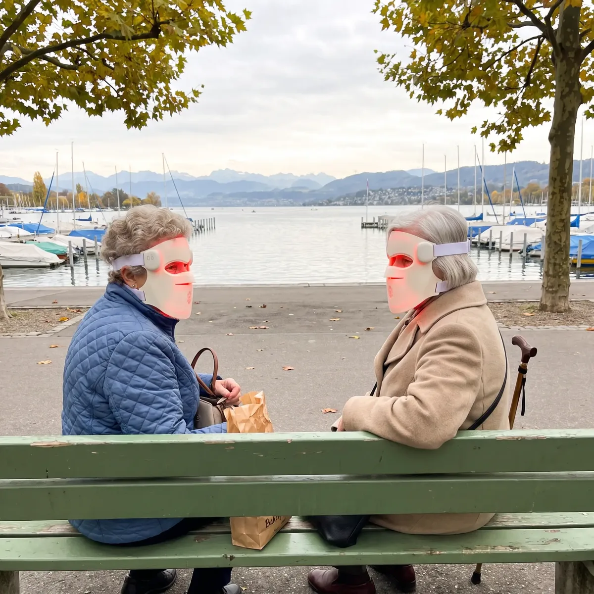 Deux femmes portant des masques LED sur un banc au bord du lac de Zurich